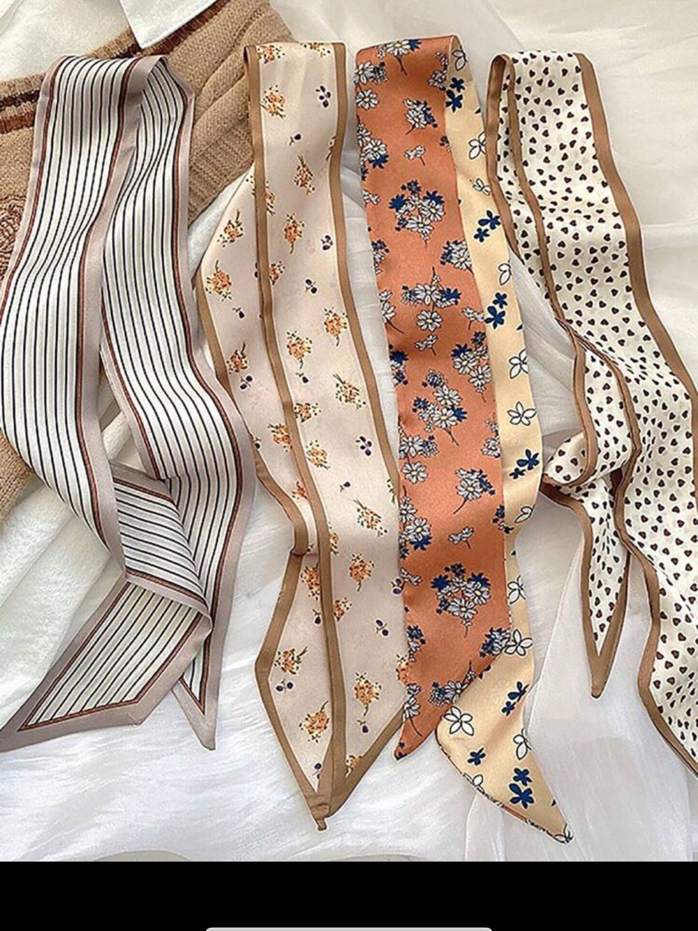 Silky Floral & Stripe bag Scarves - Beige & Peach